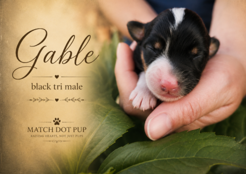 Gable, a newborn black tri Australian Shepherd puppy being held for a portrait photo
