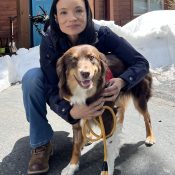 Australian Shepherd service dog Imani with her owner